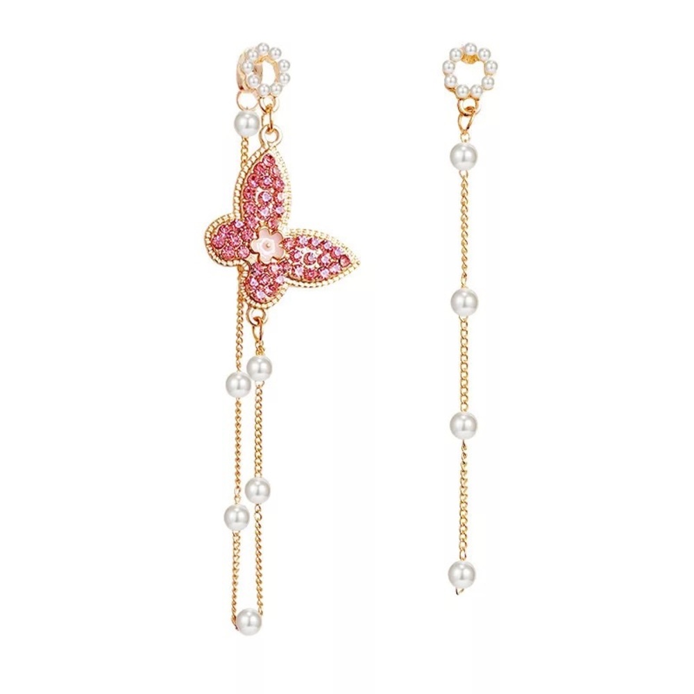 Crystal Butterfly Pearl Beaded Tassel Stud Earring